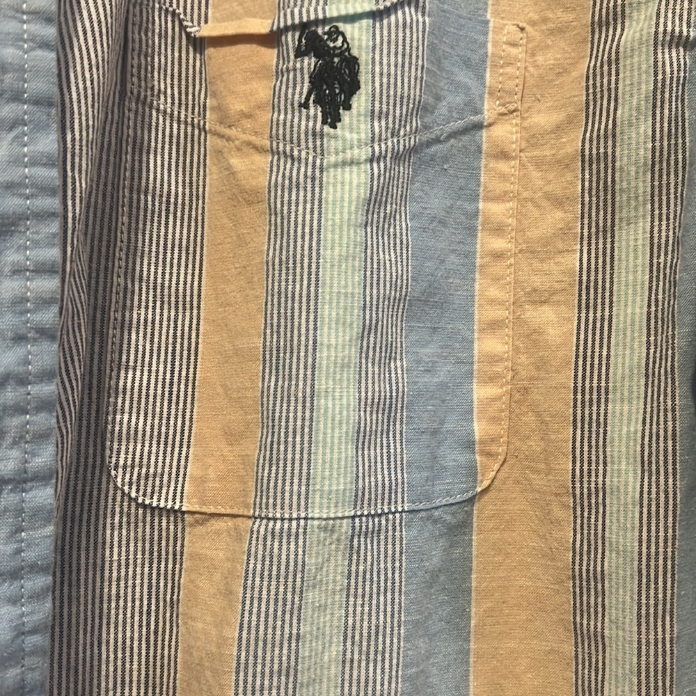 Men's U.S. Polo Assn. Blue and Tan Striped Button-Up Shirt - Picture 3 of 5